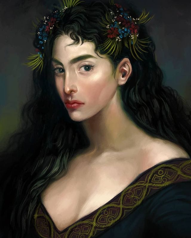 Portrait d'une femme brune avec des fleurs dans les cheveux 