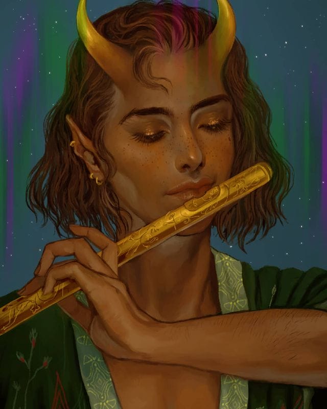 Portrait d'une femme avec des cornes et une flute traversière dorée. Sur fond bleu galactique 