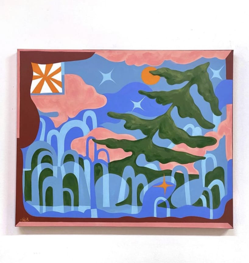 Œuvre de Jess Ackerman où l'on voit un paysage multicolore avec des arbres ainsi qu'une dizaine de cascades d'eau