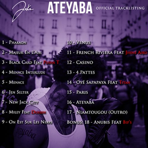 Tracklist originelle de l'album Ateyaba de Joke avec le morceau Paris en 15e position.