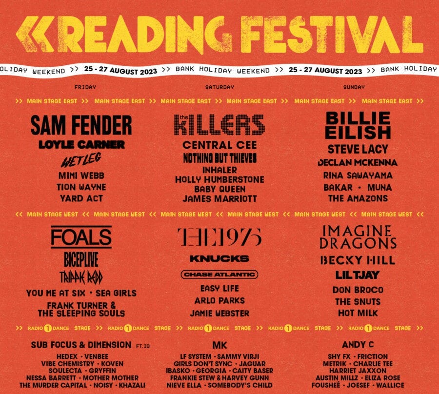 Affiche de la line up du Reading Festival, le nom de Khazali est indiqué en bas à gauche troisième colonne