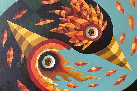 Peinture sur toile d'oiseaux qui forment un cercle Raul Sisniega et le muralisme de créatures imaginaires démembrées