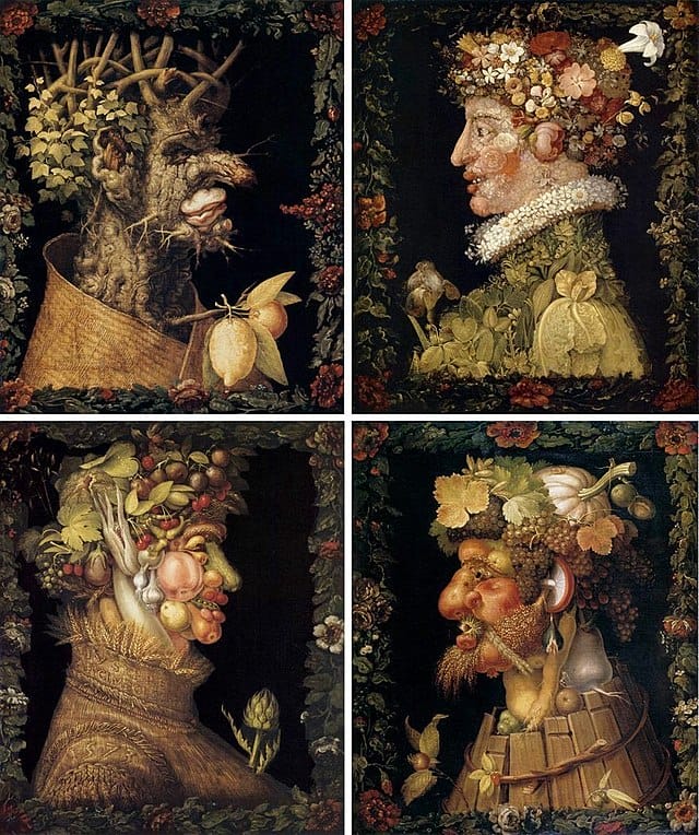 Tableau Les Quatre Saisons d'Arcimboldo où 4 visages sont peints grâce à des fruits