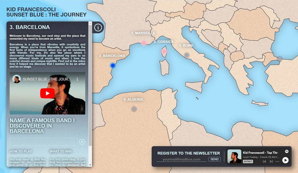 Capture d'écran du site Internet de Kid Francescoli.
Représente une carte de la méditérannée avec des villes.