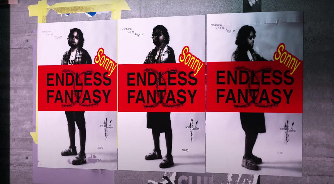 Trois posters de Sonny Rave avec une écriture noire "Endless Fantasy" sur un bandeau rouge