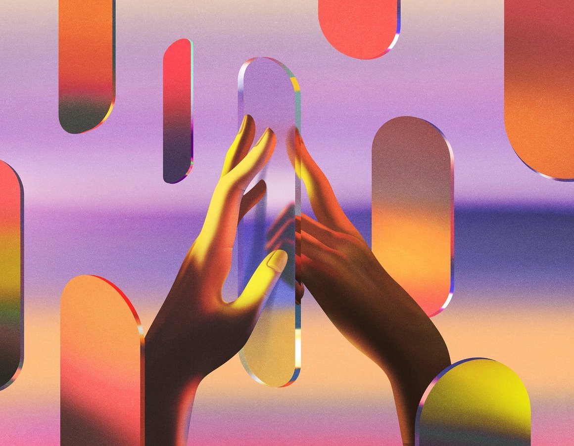 Deux mains séparées par une un cylindre en verre. Illustration colorée dans les tons violet / rose / orange 