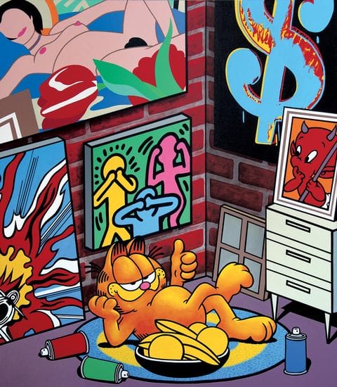 Garfield au milieu de tableaux avec des références à Keith Haring 