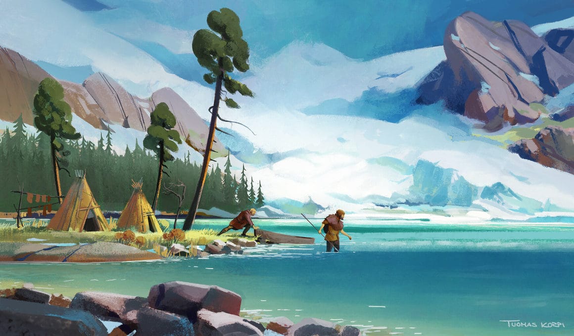 Illustration qui représente un lac avec des montagnes en arrière plan, deux tapis sur une petite île et deux hommes qui semblent partir à la chasse 