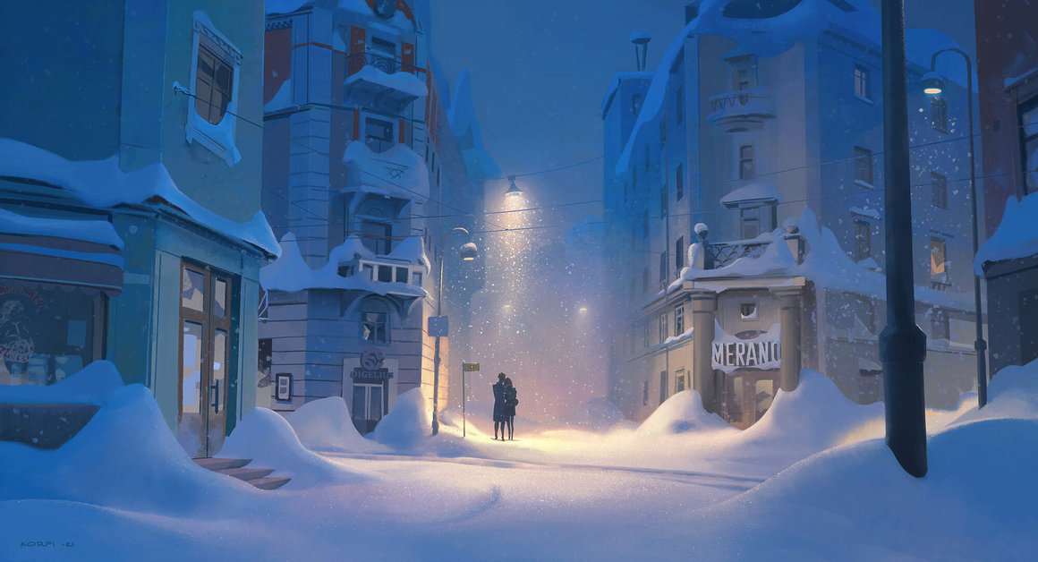 Illustration d'une ville enneigée, il fait nuit et deux personnages s'enlacent dans la lumière du lampadaire