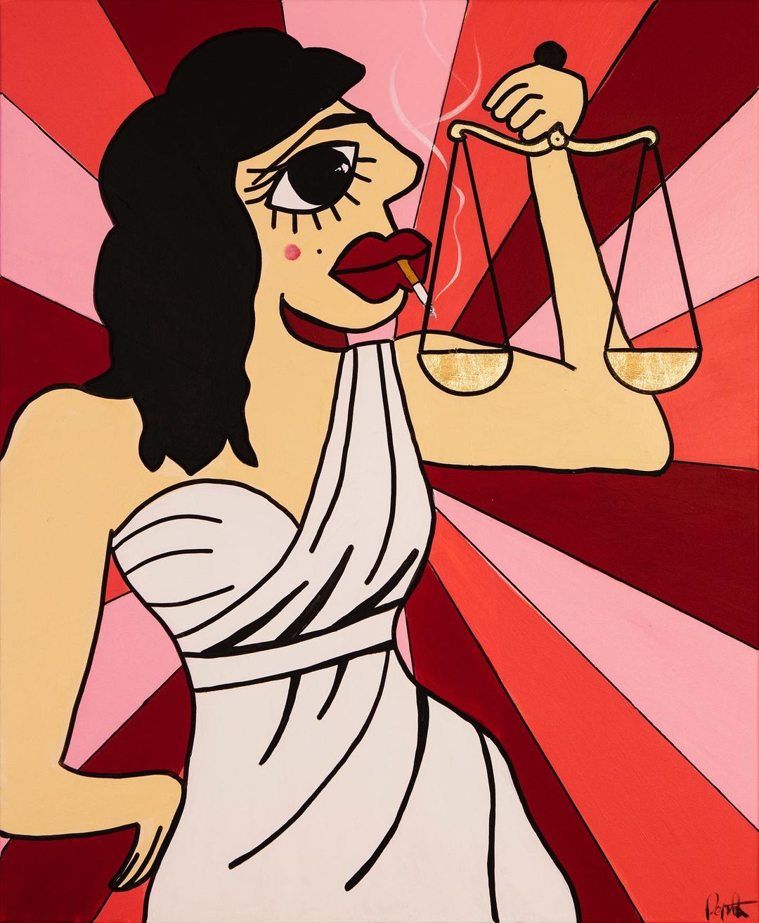 Une femme, ressemblant à une déesse et semblant symboliser la justice, porte une balance