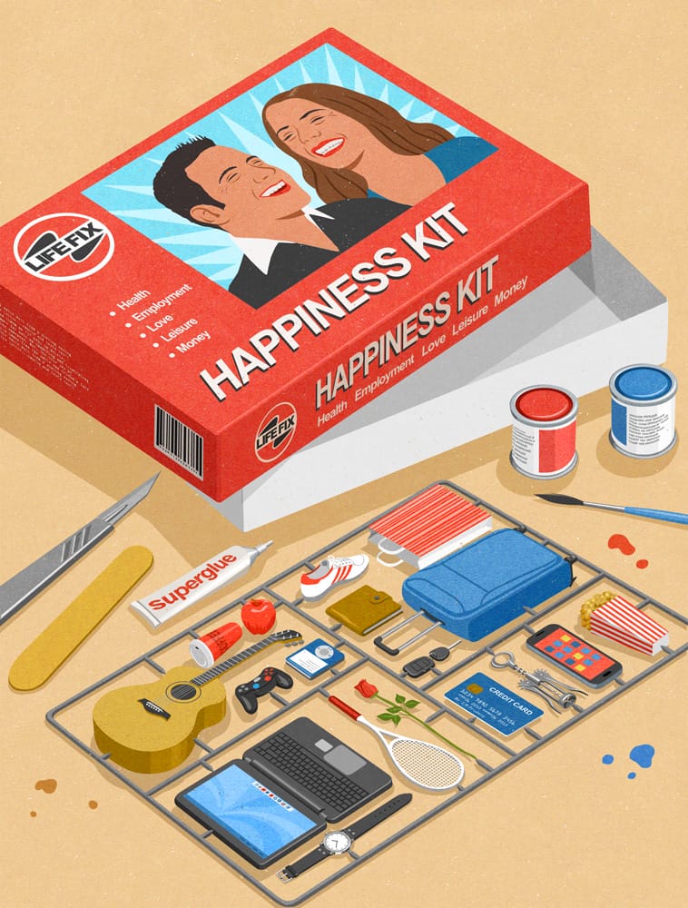 "Happiness kit" qui contient une guitare, une valise, du pop-corn, une carte de crédit... 
