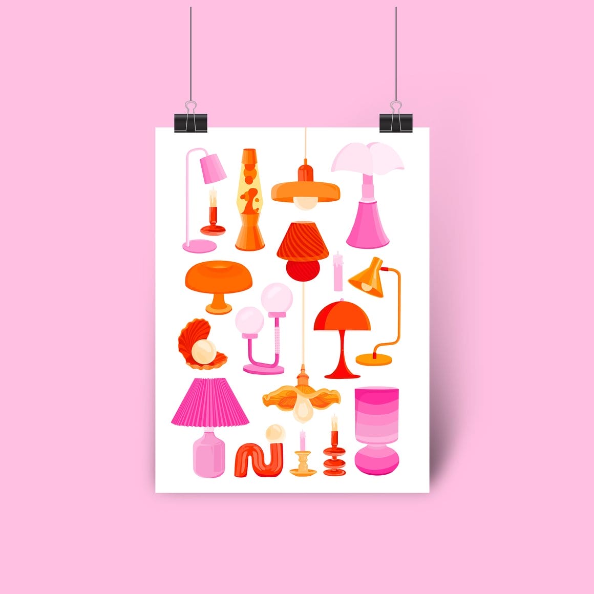 Illustrations avec différentes formes de lampes dans les tons roses / rouges / oranges 