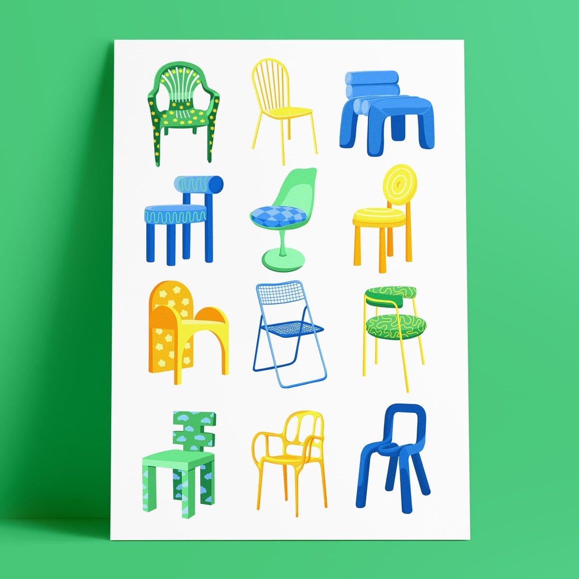 Illustration avec différents types de chaises, dans les tons jaunes, verts et bleus 
