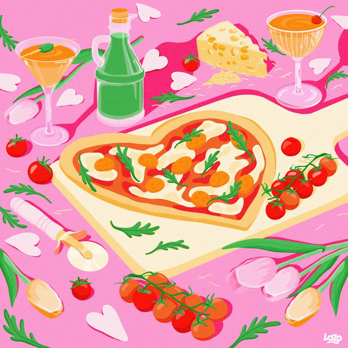 Pizza sur une planche avec un fond rose et des éléments colorés 
