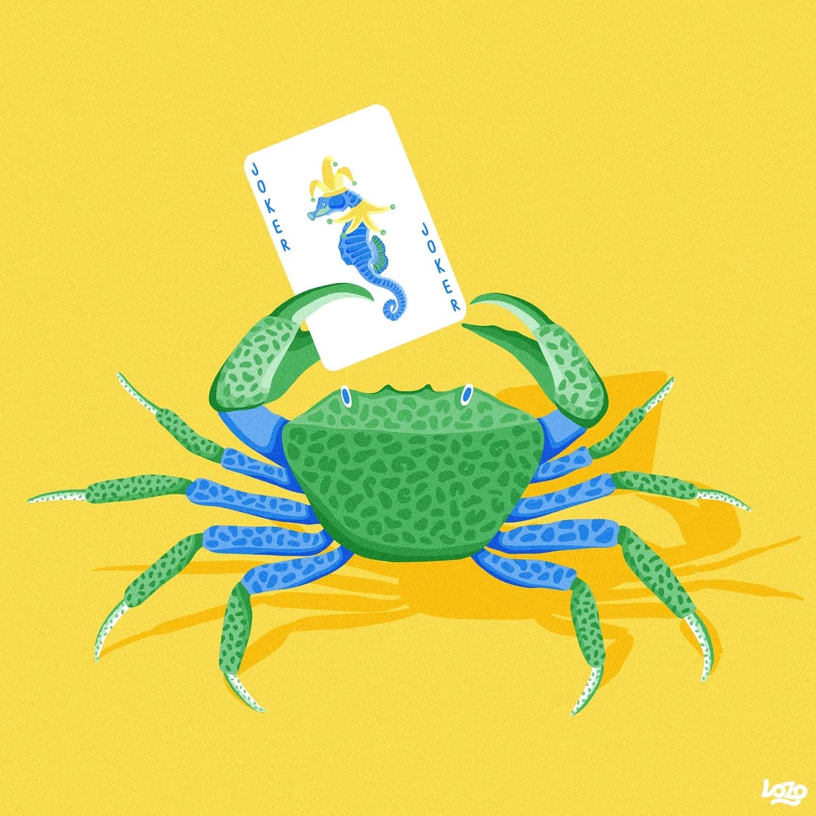 Crabe vert et bleu sur fond jaune avec un jeu de carte joker avec un hippocampe 