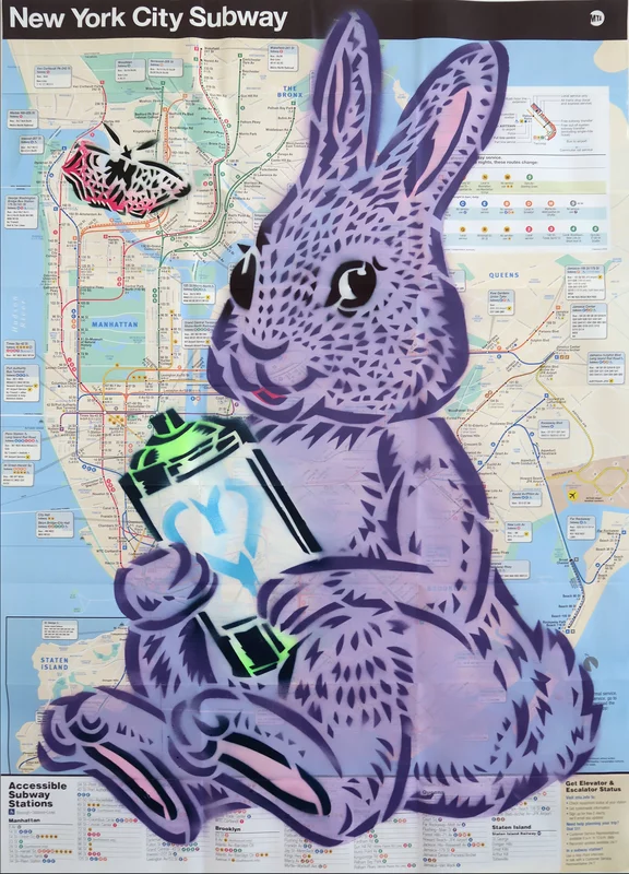 graphe d'un lapin violet sur une carte de new york par Lady Aiko