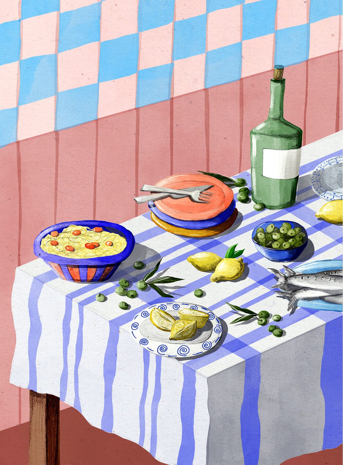 illustration d'une table couverte d'assiettes et de nourriture
