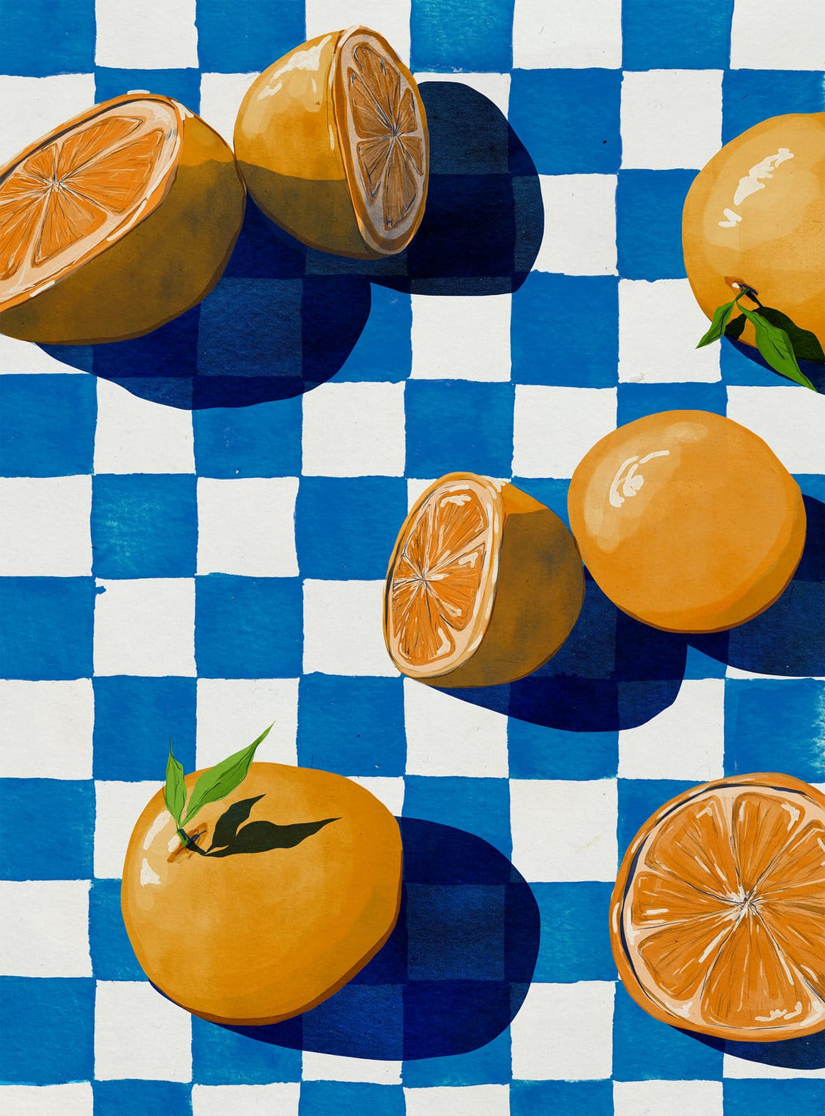 illustration d'oranges sur une nappe damier bleu par Eva Halfers