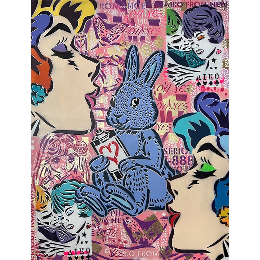 graphe d'un lapin bleu entouré de femmes par Lady Aiko