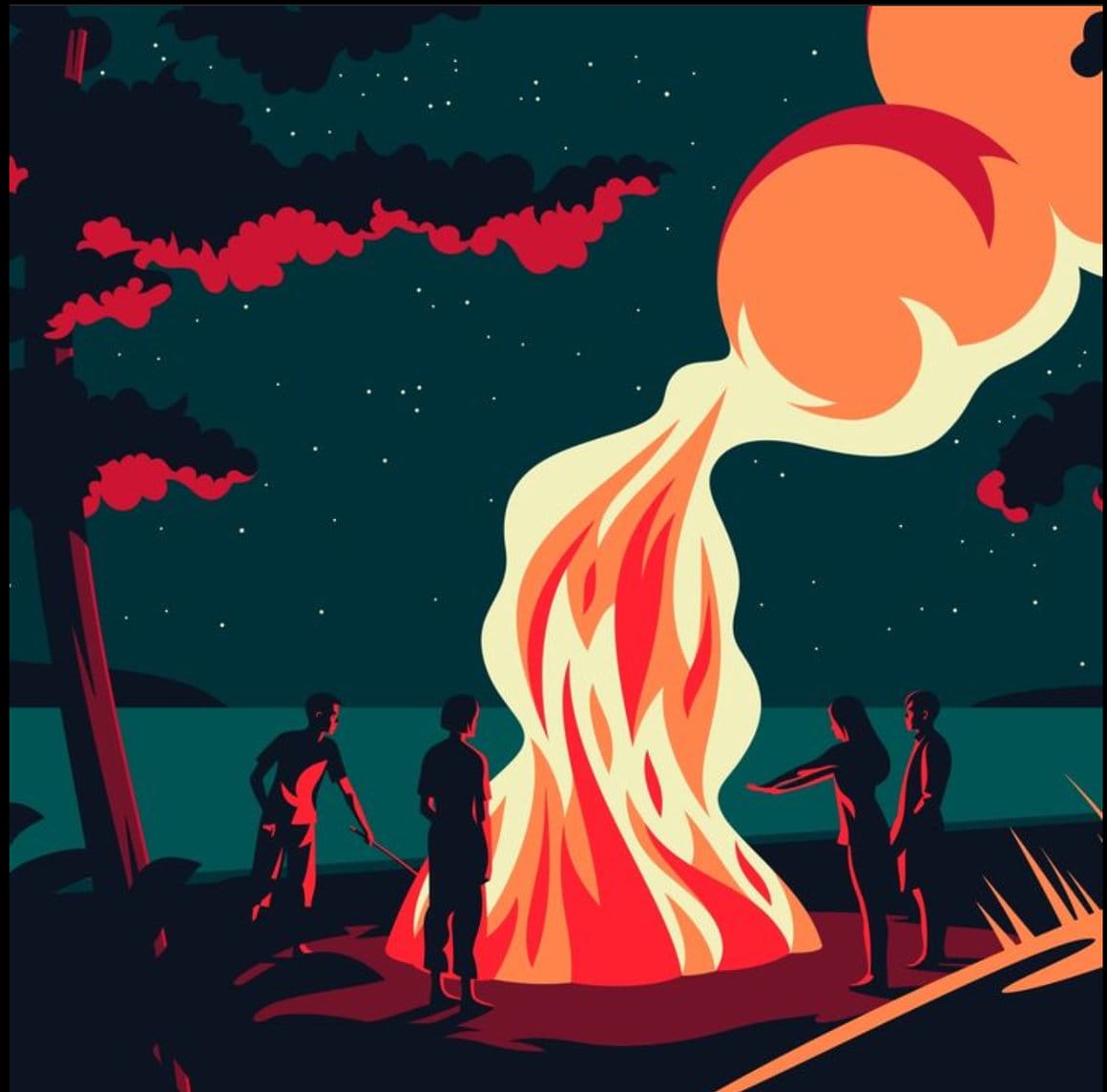 illustration de quatre personnes autour d'un feu de camp par Jean Michel Perchet