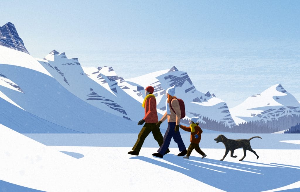 illustration d'un groupe marchant dans la neige