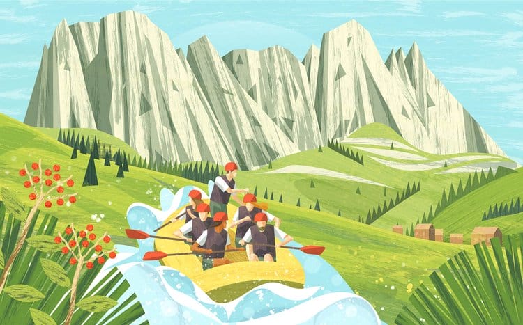 illustration d'un groupe qui navigue sur un cour d'eau