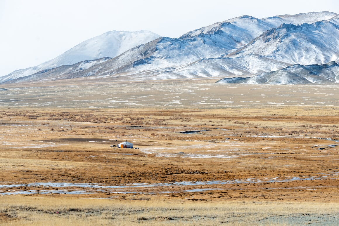 A traditional Mongolian ger set against the sweeping landscape of the Altai Mountains in the country’s far west © Claire Thomas