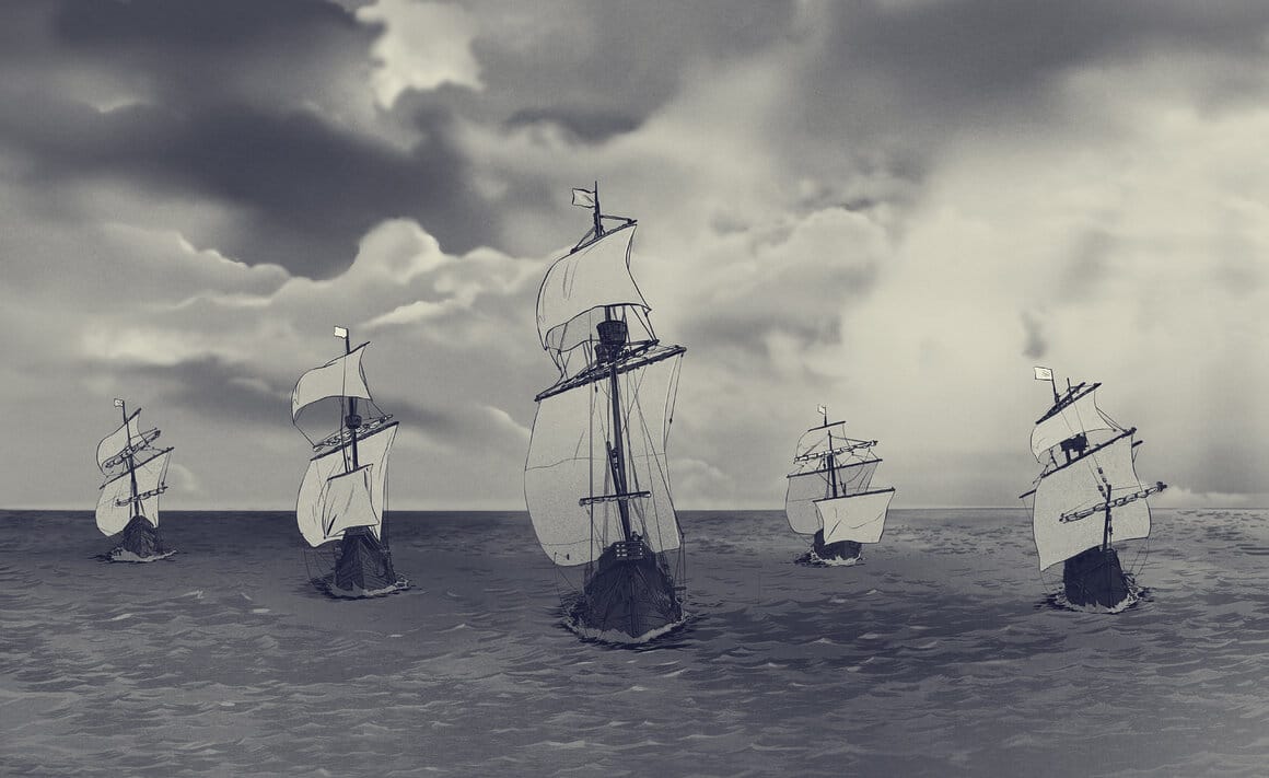 Les cinq navires de la flotte : Victoria, Concepción, Santiago, San Antonio, Trinidad
Dessins : REMEMBERS. Ugo Bienvenu, Kevin Manach, Emmanuel Lantam, Josselin Facon, Félix Kerjean, Paul Lacolley, Elisa Levy. Direction artistique : Ugo Bienvenu
© CAMERA LUCIDA PRODUCTIONS - ARTE France – MINIMAL FILMS – BELGICA FILMS – SERENA PRODUCTIONS – 2022