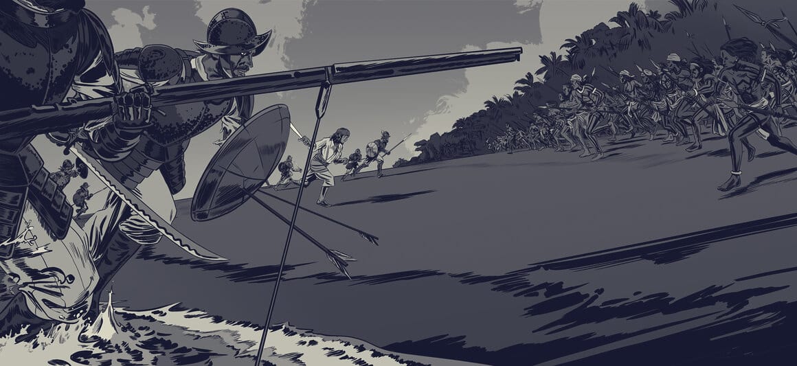 La bataille de Mactan (27 avril 1521)
Dessins : REMEMBERS. Adapté de la collection documentaire « L’Incroyable périple de Magellan » écrite et réalisée par François de Riberolles, produite par Camera Lucida
© CAMERA LUCIDA PRODUCTIONS - ARTE France – MINIMAL FILMS – BELGICA FILMS – SERENA PRODUCTIONS – 2022