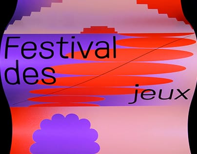 Affiche rose, violet et rouge avec une forme de vague en son milieu avec écrit le festival des jeux