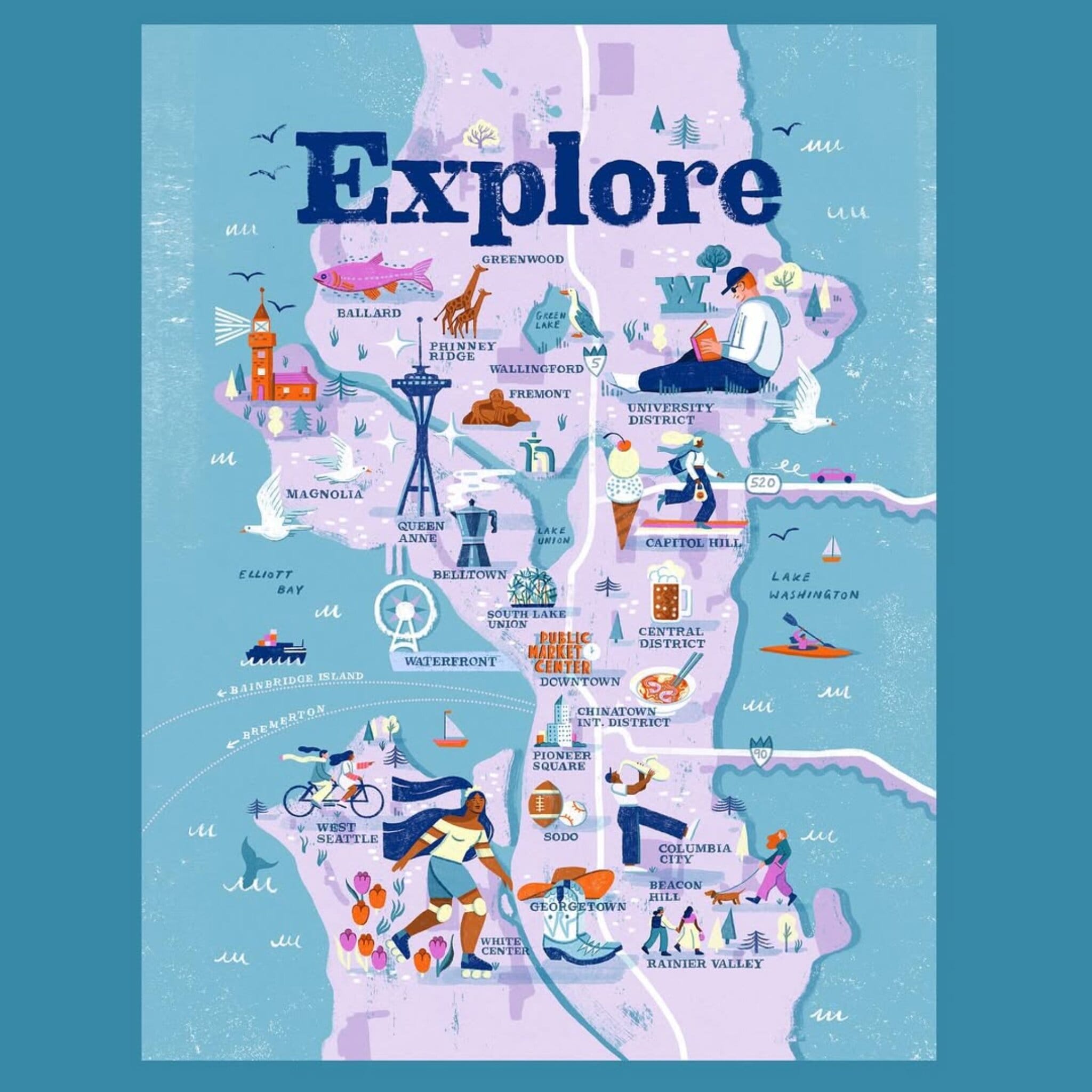 Illustration d’une carte stylisée d’une ville avec le mot “Explore”, représentant différents quartiers, personnages et activités dans un univers coloré et dynamique.