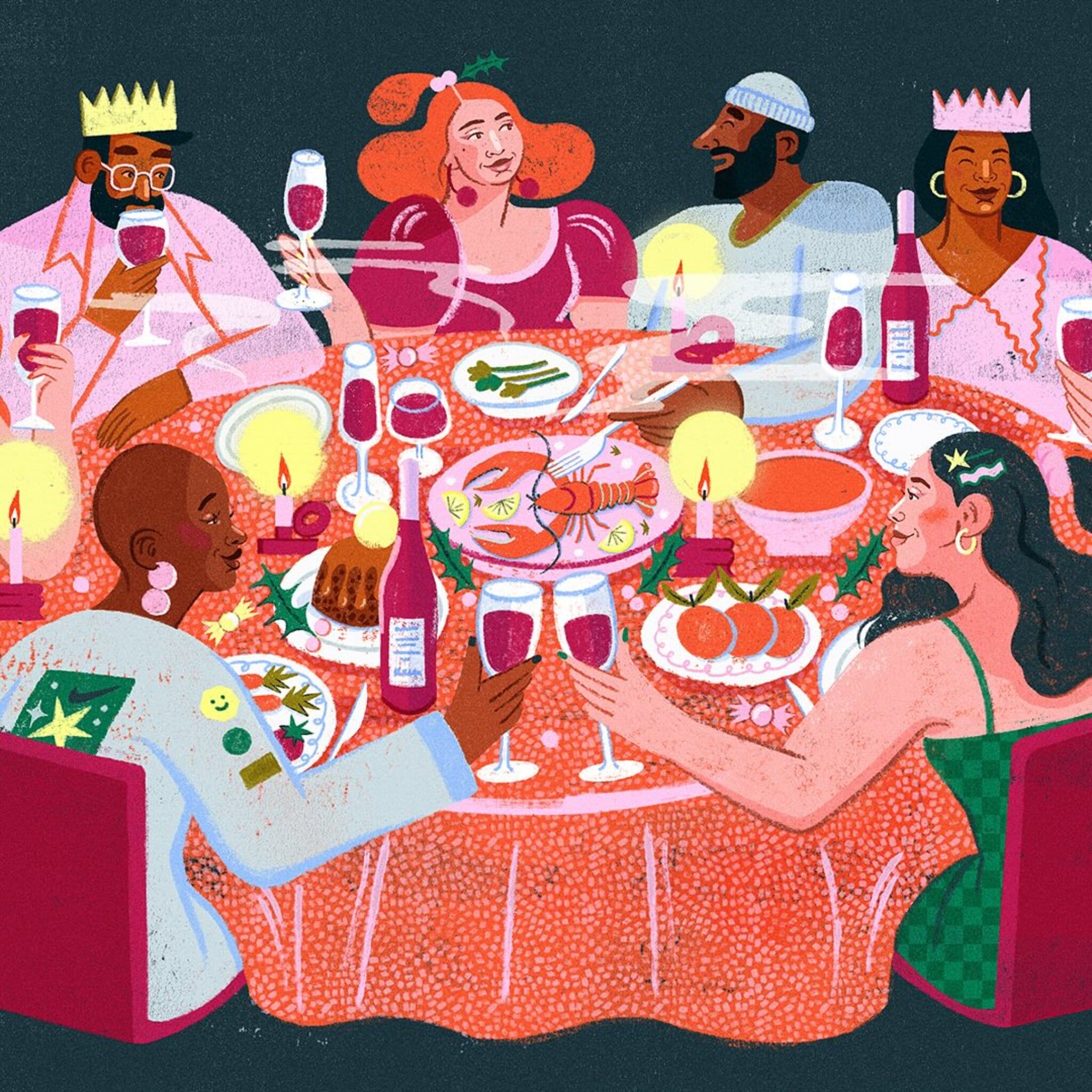 Illustration d’un groupe de personnes réunies autour d’une table festive, partageant un repas dans une ambiance chaleureuse et colorée.