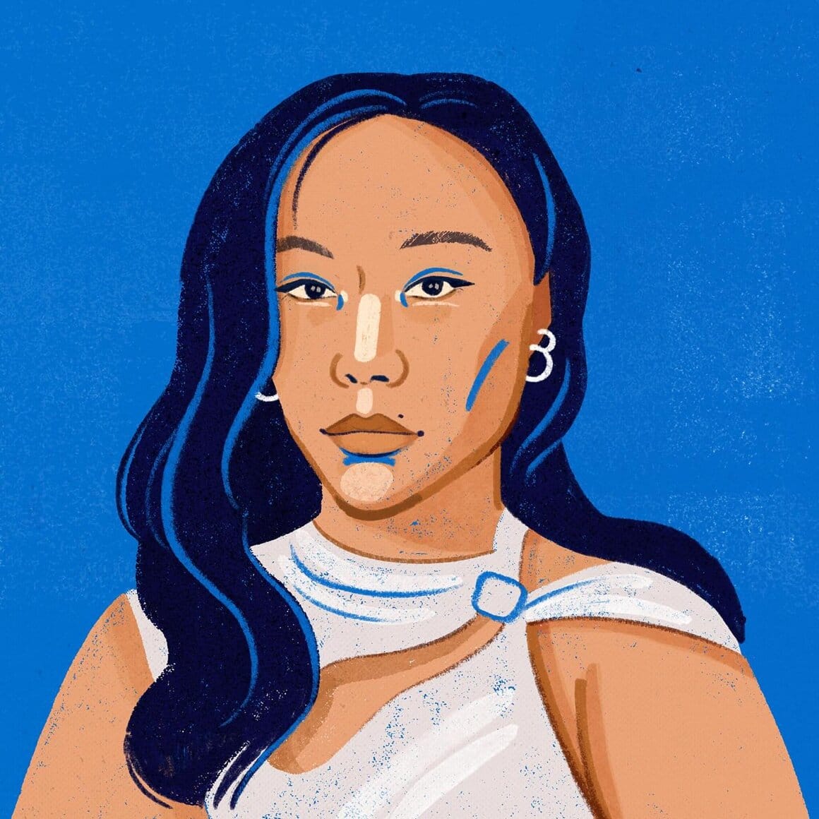 Illustration d’un portrait de femme aux cheveux longs bleu foncé sur fond bleu, avec des touches graphiques et texturées sur le visage.