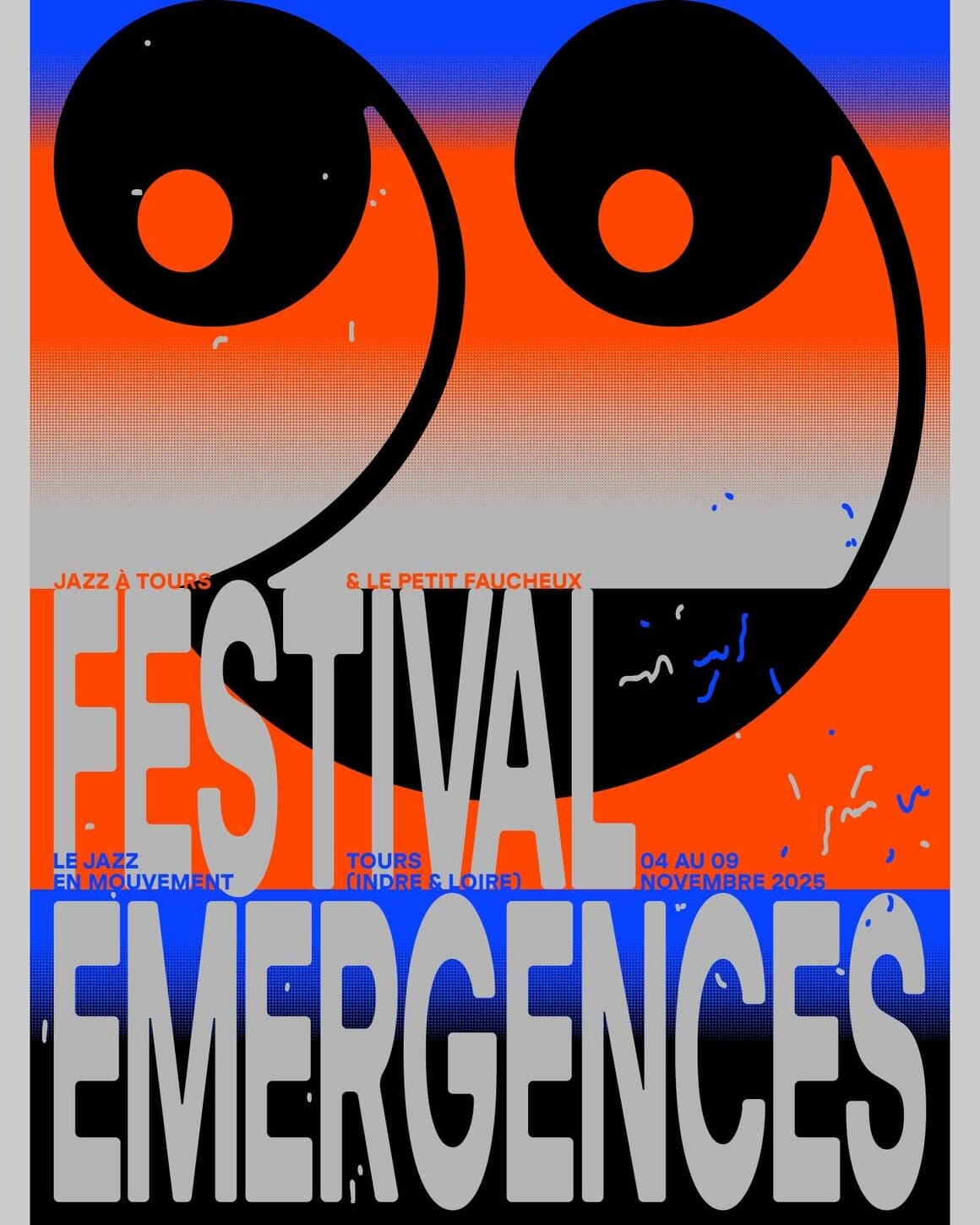 Affiche pour un festival en orange et bleu avec une forme noir au milieu. par le studio Appelle Moi Papa