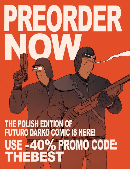 Illustration de deux personnages armés sur fond rouge, pour mettre en avant le comic "Futuro Darko"