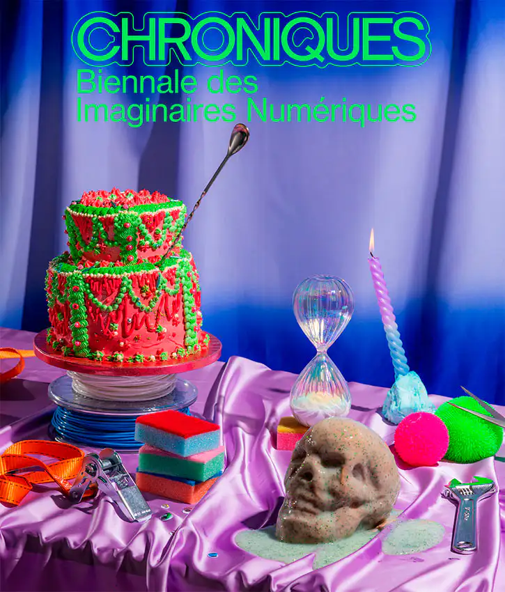 Création visuelle du studio Appelle Moi Papa, Affiche représentant une table d'anniversaire d'Halloween avec un gâteau , un crâne, des éponges.