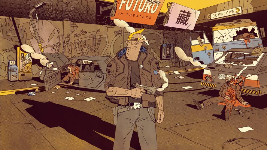 Illustration d'une scène de crime, avec u homme au premier plan avec un pistolet. 

