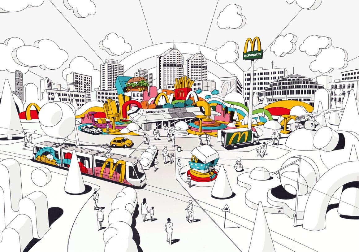 illustration graphique retro en noir et blanc avec quelques couleurs pour l'enseigne de fast food Mcdonalds
