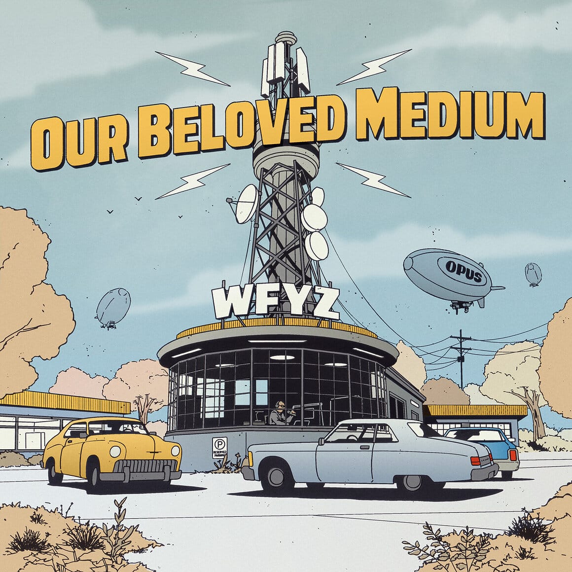 Illustration graphique rétro d’une station de radio avec une grande antenne de transmission, des voitures garées devant et des dirigeables publicitaires dans le ciel.