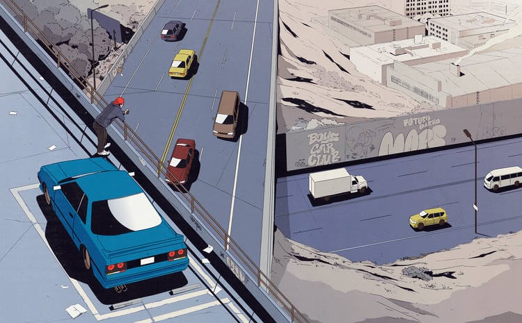 illustration gaphique retro d'un homme avec sa voiture regardant l'autoroute