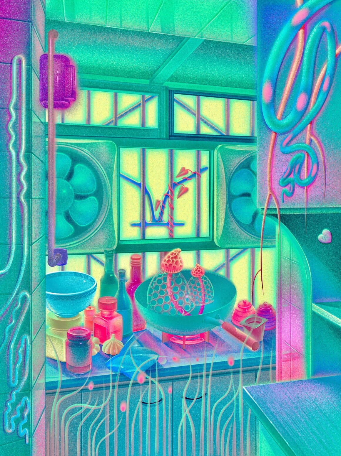 ambiance fluo et une cuisine, des gros ventilateur et des champignons