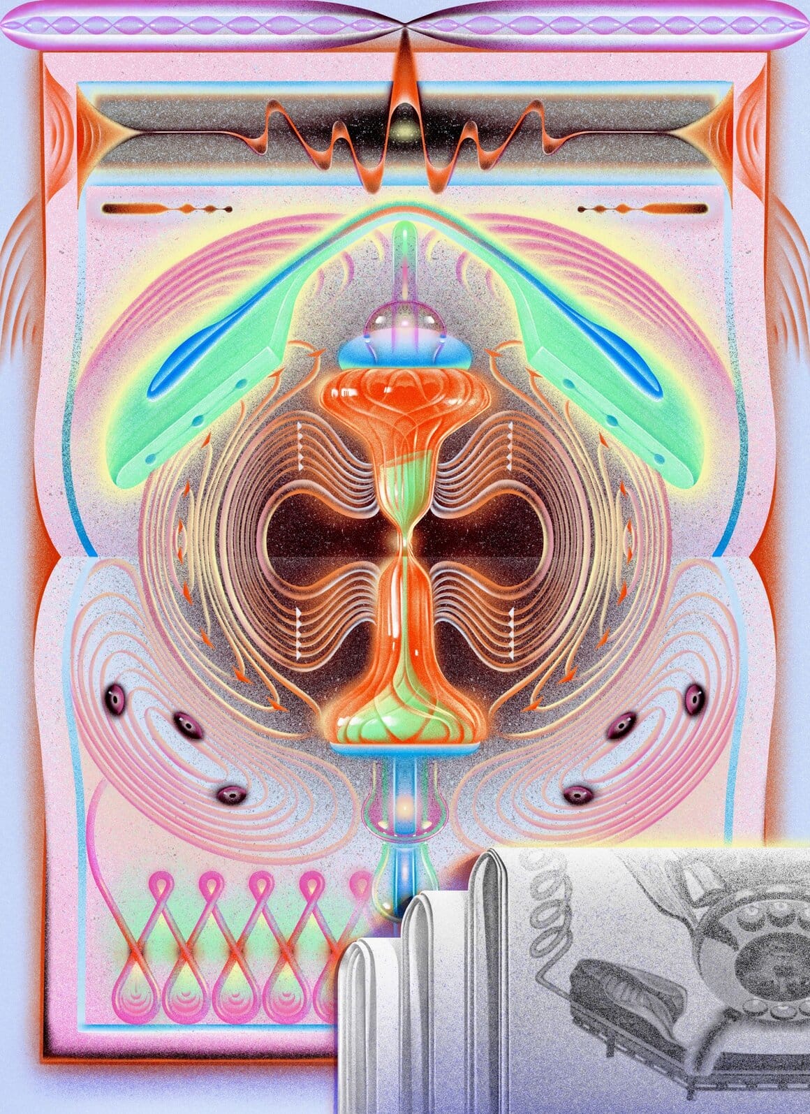 un sablier, le temps qui passe dans un livre, oeuvre numérique psychédélique