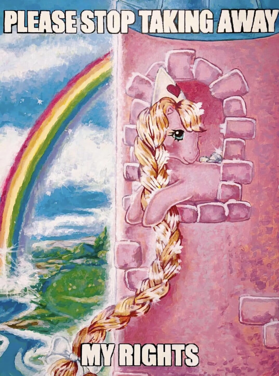 Acrylique sur toile d'un poney en haut de sa tour en référence à Raiponce