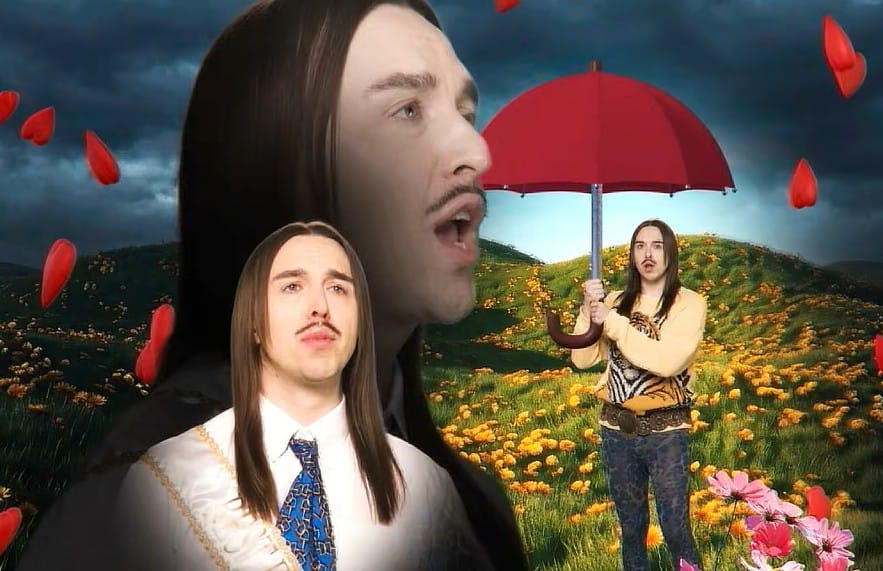 Montage surréaliste d’un homme avec un parapluie rouge dans un paysage fleuri, avec des pétales flottant autour de lui.