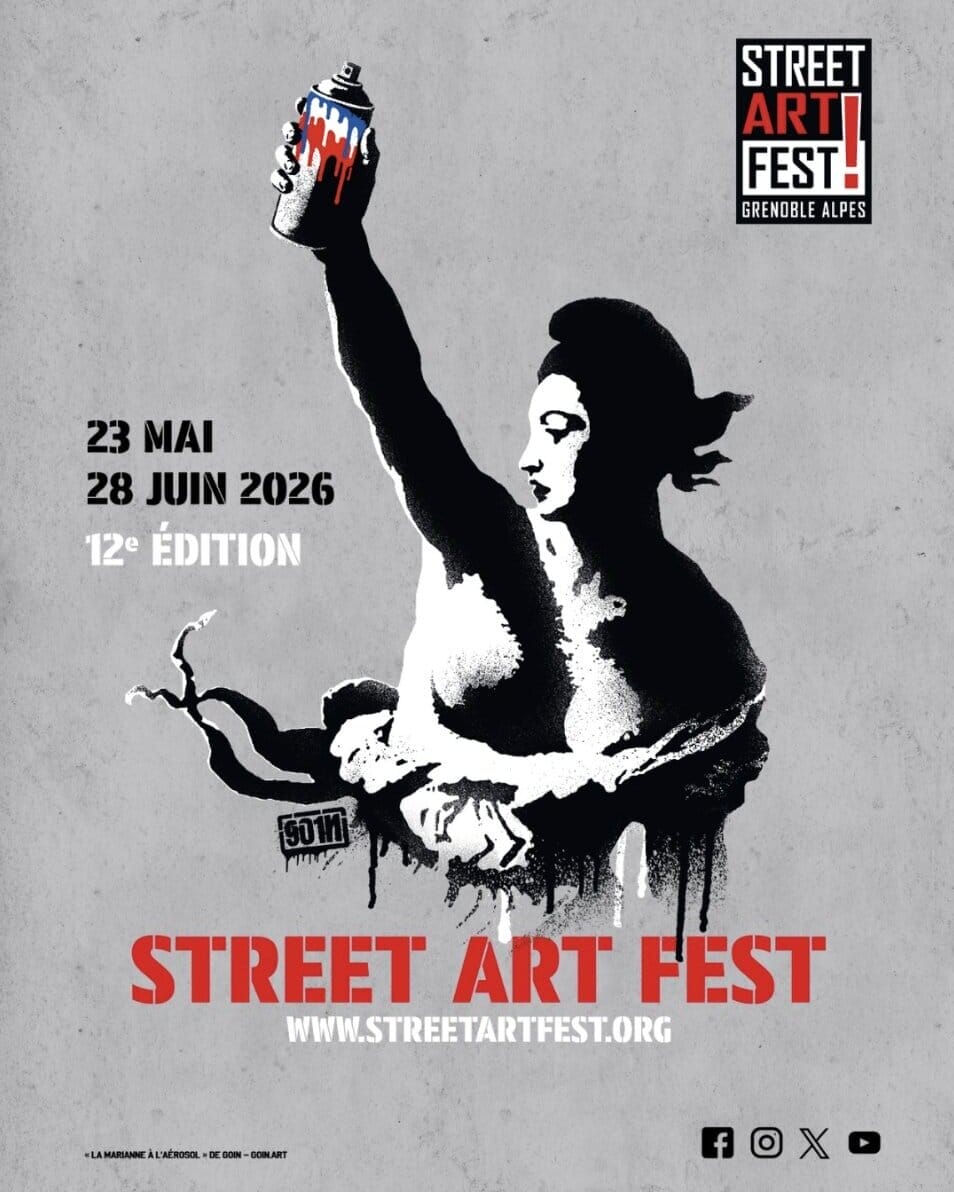 Affiche du Street Art Fest Grenoble-Alpes en reprenant le pochoir de Marianne réalisé par l'artiste Goin