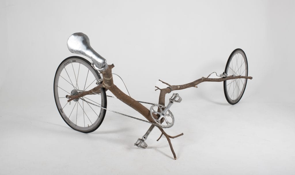 Vélo hybride entre branche et mécanique. © Bastien Cuénot