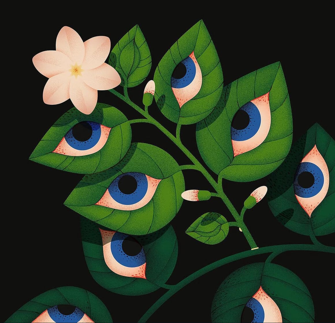 Branche de feuille aux yeux bleus rougeâtres