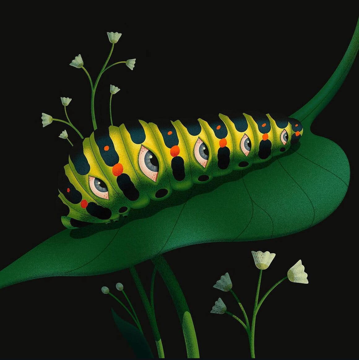 Chenille parsemée d'yeux sur une feuille