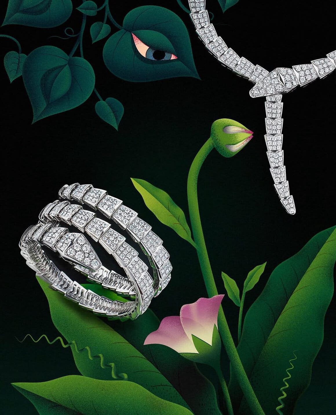 Reproduction de sa célèbre série « Blooming eyes » avec des bijoux Bvlgari