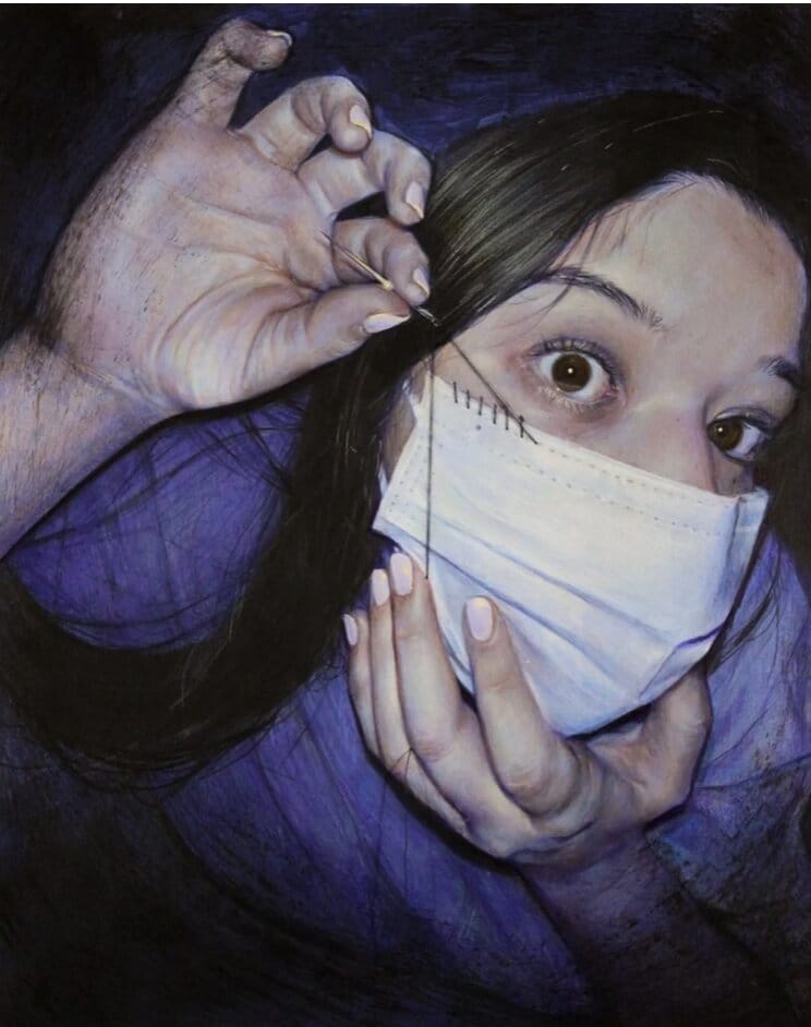 Auto-portrait de l'artiste qui se coud un masque sur le visage